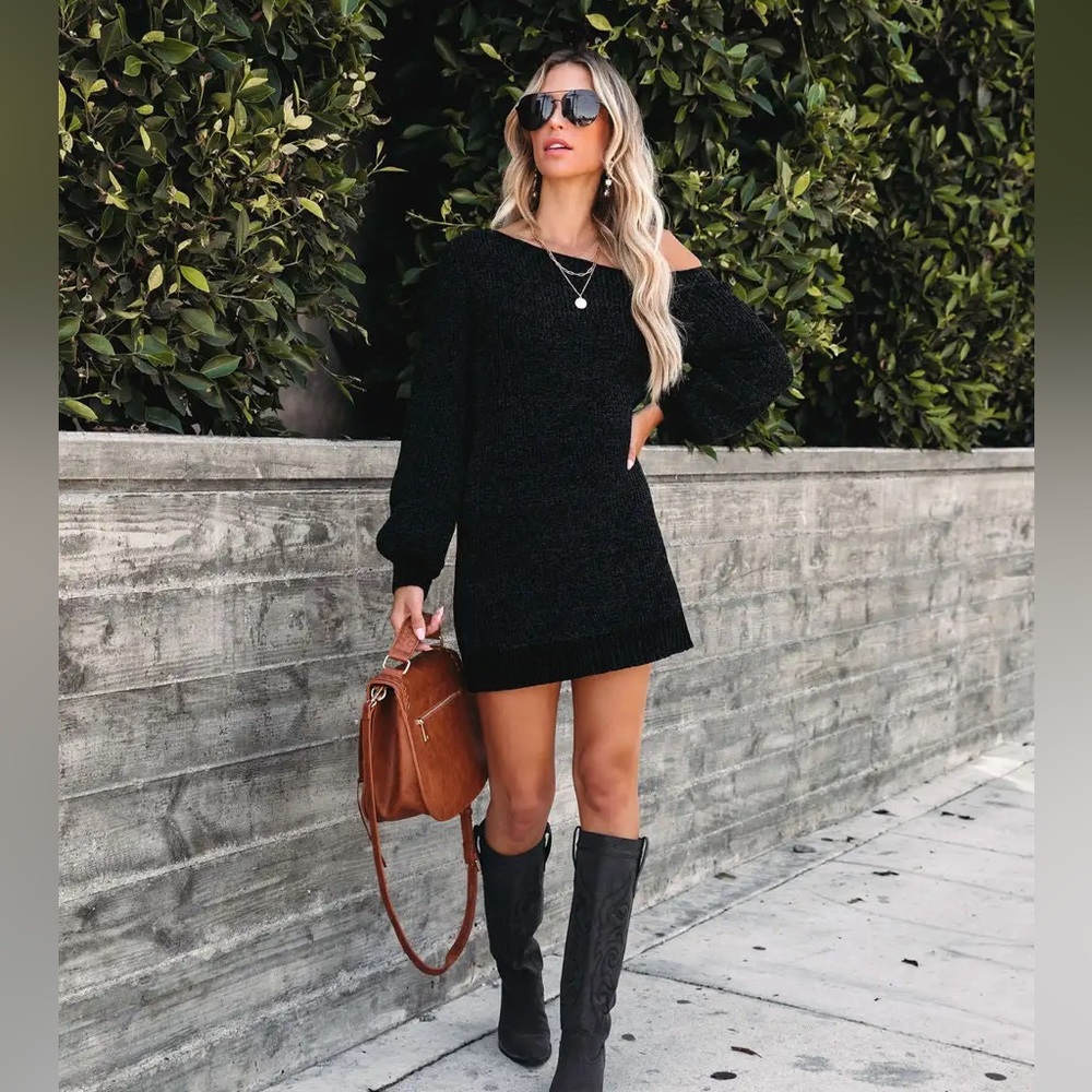 Vici Obsessed With Me Chenille Off The Shoulder Mini Dress Black XL